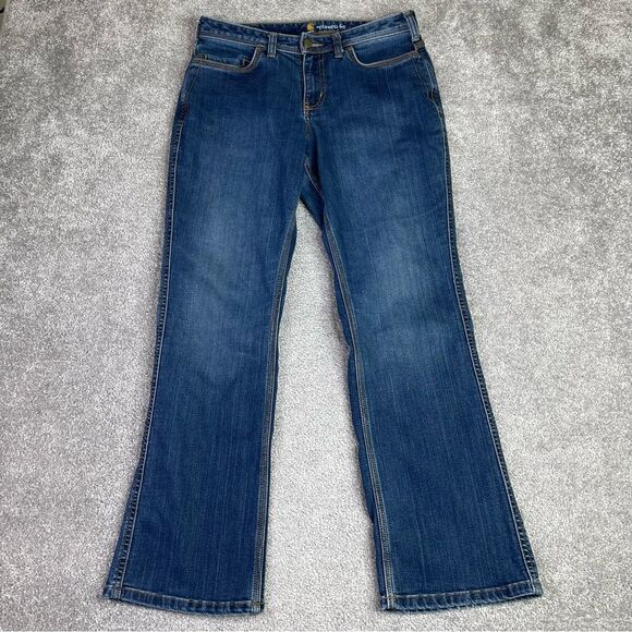 Carhartt Relaxed Jeans Women’s 8 Blue Straight Mid-Rise Dark Denim Stretch - Picture 1 of 13